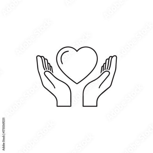 Hands cradling a heart symbol in a simple black and white line drawing