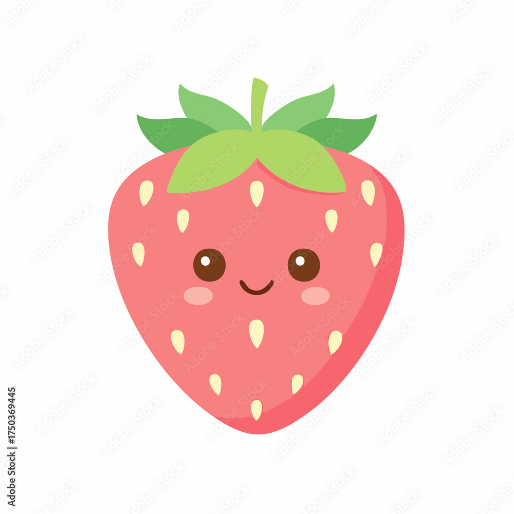 Obraz premium Cute strawberry with a happy face and green leaves.