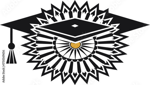 Graduation cap and tassel with decorative sunburst emblem