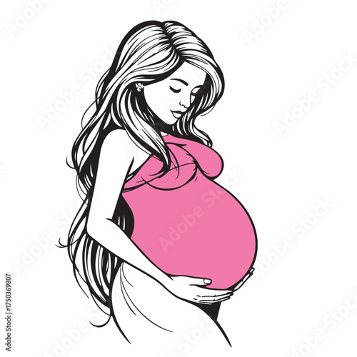 Vector art of pregnant woman holding her belly logo illustration.