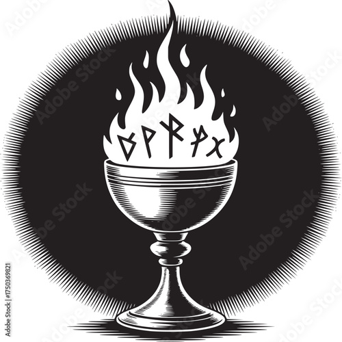 Mystic chalice ablaze with ancient runes offers powerful ritual magic and occult mystery