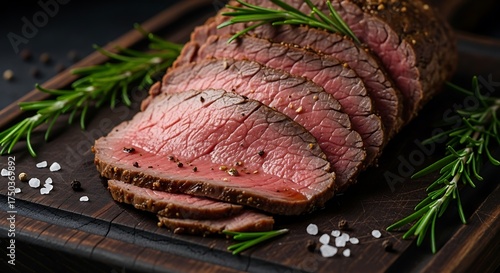 Sliced rare roast beef on wooden board garnished with fresh rosemary