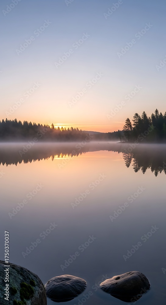 Fototapeta premium Serene Lake at Dawn - A Tranquil Reflection of Natures Beauty.