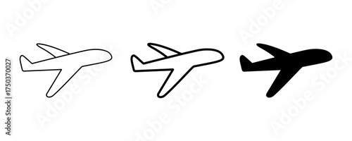 Set of minimalist airplane icons with transparent background, depicting symbols for air travel, aviation industry, transportation services, and global journeys, vector illustration