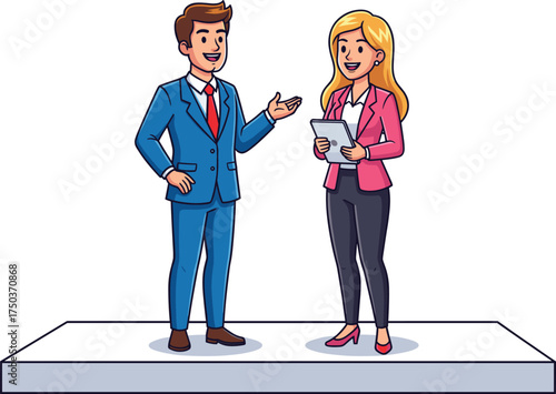Cartoon business people, professional discussion, teamwork concept, corporate platform, smiling characters, office attire, tablet use, leadership, communication, workplace diversity