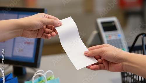 Cashier giving blank receipt to a customer over the counter after a purchase.