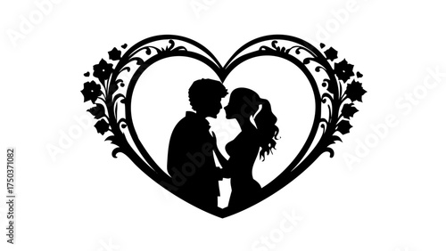 Romantic silhouette of a couple in love embraced inside a floral heart, perfect for weddings, anniversaries, Valentine's Day and heartfelt cards