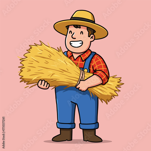 Smiling farmer in straw hat, red plaid shirt, blue overalls, and brown boots holding a bundle of wheat, standing against a pink background.