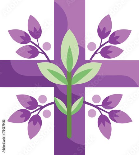 Purple cross with green sprout and purple leaves symbolizing growth and faith
