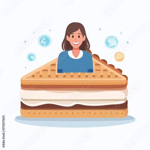 Woman Emerging From A Giant Waffle Sandwich.