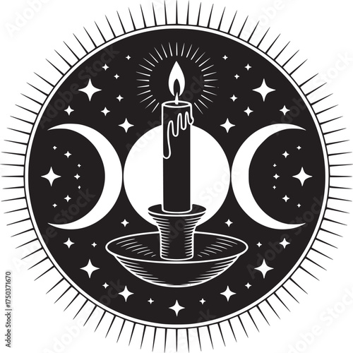 Mystical candle burning brightly under lunar phases, radiating spiritual serenity and magic
