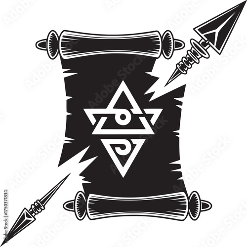 Uncover ancient mysteries with this scroll and spear illustration, perfect for fantasy game designs