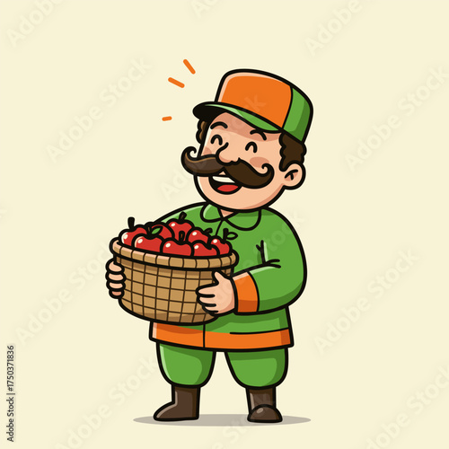 Smiling man with mustache in green and orange uniform holding a basket of red apples, wearing a matching cap, with orange lines above his head, set against a light beige background.