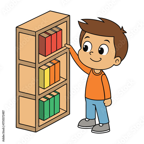 Happy cartoon boy reaching for a book on a wooden shelf filled with colorful books illustrating reading and education for children