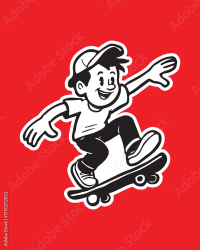 Fun cartoon of a boy skateboarding, perfect for youth brands, summer promotions, and active lifestyle content, with a cool retro vibe and bold style