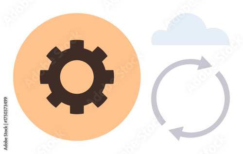 Gear inside orange circle, cloud icon, circular arrows forming a loop. Ideal for technology, cloud computing, data processing, automation, synchronization, workflow simple flat metaphor