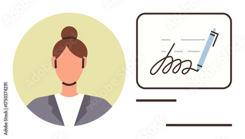 Businesswoman portrait alongside digital signing screen showing a stylus and signature lines. Ideal for e-signature, remote work, identity verification, document approval, online contracts, business