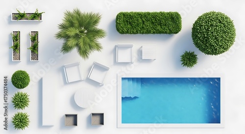 Modern outdoor living space design with pool and artificial greenery