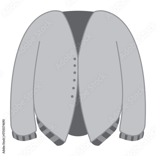 Gray cardigan with button down front and striped cuffs, perfect for fashion mockups, online store assets, seasonal apparel branding, or minimalist styling.