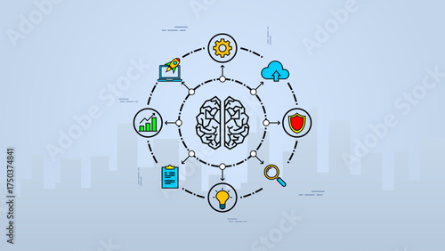 Conceptual brain network with tech icons around AI, data, and innovation, ideal for presentations, analytics, cybersecurity, or digital transformation themes.