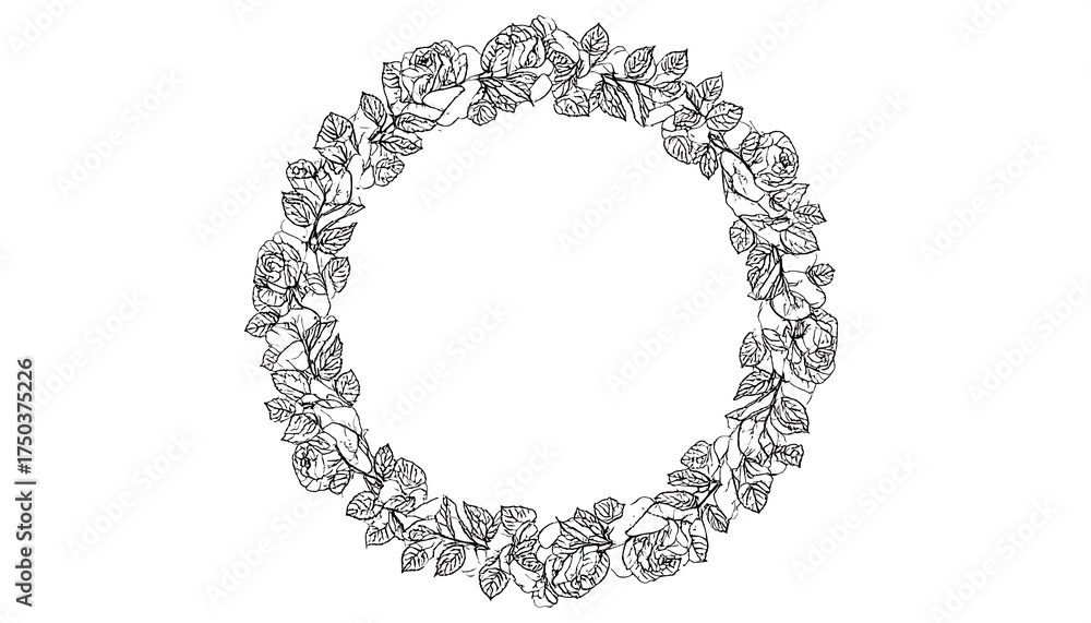 Fototapeta premium A circular floral wreath with detailed roses and leaves