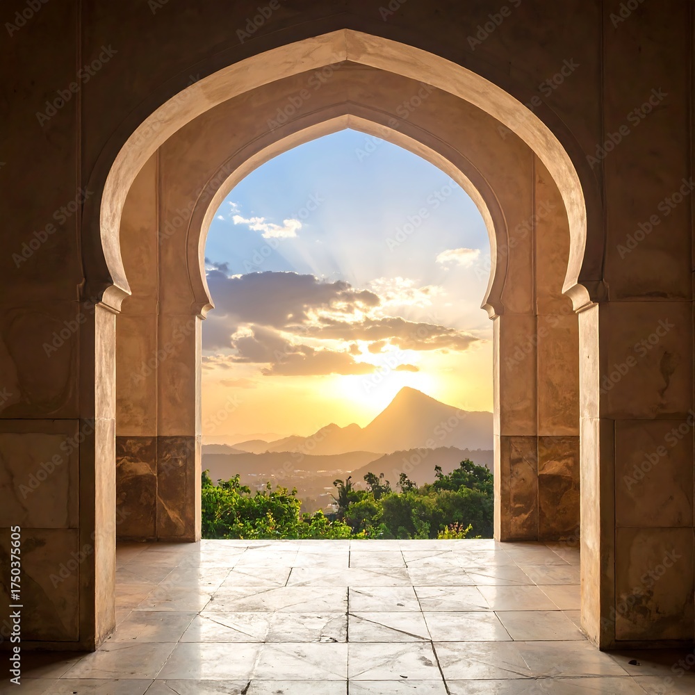 Obraz premium A classic arched doorway framing a sunset over distant mountains
