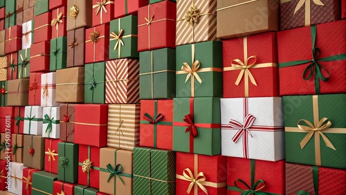 A large wall of beautifully wrapped christmas presents in red green and gold colors