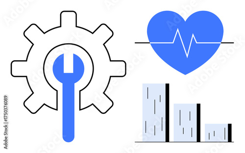 Gear with wrench for optimization, heart with cardiogram for health monitoring, and bar chart for analytics. Ideal for wellness, efficiency, repair, healthcare, progress, maintenance improvement