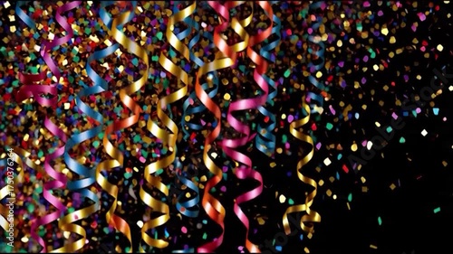 
Black abstract background with falling colorful metallic confetti and streamers