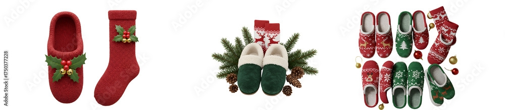 Fototapeta premium A festive array of christmas themed slippers and socks arranged in a decorative holiday display on transparent background