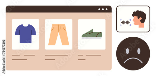 E-commerce webpage displaying apparel, voice recognition tool for shopping, and unhappy customer icon. Ideal for technology, e-commerce, UX design, customer feedback, retail, user behavior digital