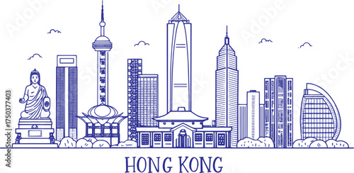  Hong Kong City Skyline Illustration – Ultra Fine Black and White Pencil Art Featuring Victoria Harbour, IFC Tower, Star Ferry and Big Buddha for Travel and Editorial Use