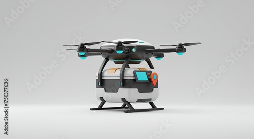 Futuristic drone delivering package with location marker, showcasing innovative delivery services and modern technology, perfect for e-commerce and logistics.