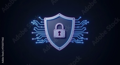 Digital security concept with shield and lock, representing data protection, privacy, and cybersecurity in a modern, professional aesthetic