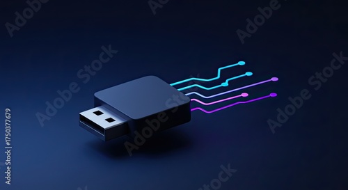 Modern USB drive with vibrant circuit lines, ideal for tech, data transfer, and innovation concepts, perfect for creative projects and digital marketing needs