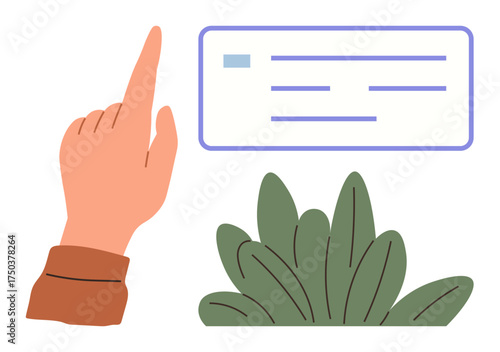 Hand gesture towards outlined text box with short lines and green foliage below. Ideal for interface design, navigation, communication, technology, input, instruction, and flat imagery. A simple flat