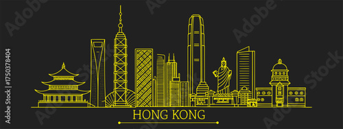  Hong Kong City Skyline Illustration – Ultra Fine Black and White Pencil Art Featuring Victoria Harbour, IFC Tower, Star Ferry and Big Buddha for Travel and Editorial Use