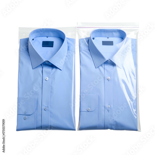 Two men's light blue dress shirts, one packaged, side-by-side on black background