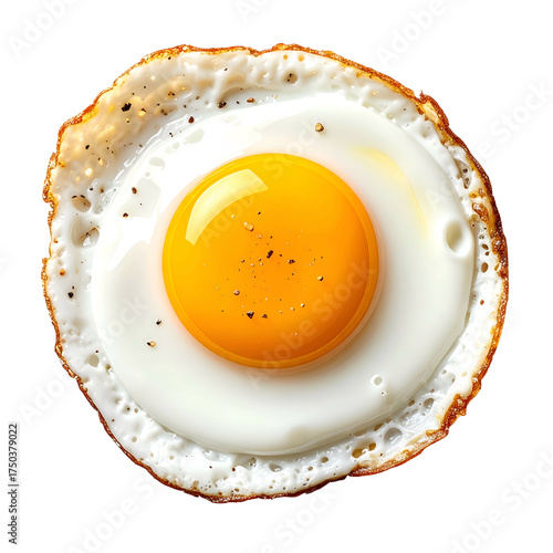 Overhead, isolated photo of a single fried egg, with a golden yolk and crispy whites