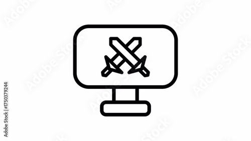 Monitor with Crossed Swords Icon Animation Gaming Battle, Cyber Security, and Coding Competition Symbol