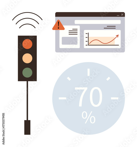 Traffic light next to analytics dashboard with alert and progress chart, large 70 gauge. Ideal for traffic management, safety, progress, KPI tracking, technology, control systems, communication