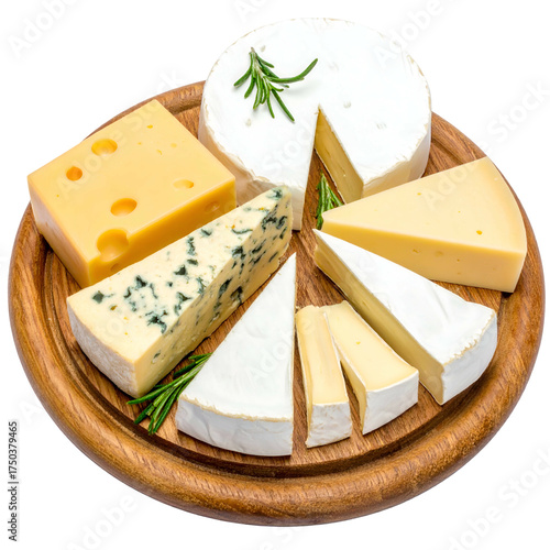 Assortment of various cheese wedges and wheels arranged on a round wooden serving board