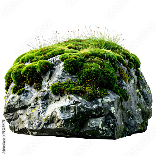 Jagged grey rock covered in lush green moss and sparse grass, isolated on black