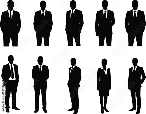 MobileBusiness people silhouette, corporate professionals standing, formal attire, teamwork concept, office staff, leadership, diversity, career, success, workplace illustration