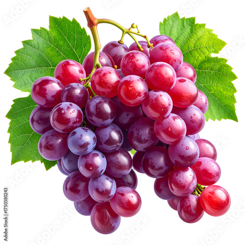 A bunch of ripe, red-purple grapes with green leaves, isolated against a black background
