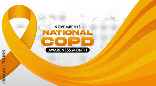 COPD Awareness Month. Observed every year on November. With orange ribbon awareness. Suitable for banner,  poster, social media and background design