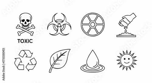 Eco hazards and safety symbols convey environmental concerns, danger, and toxicity