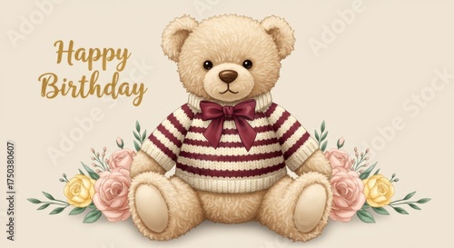 Cute teddy bear with birthday message and floral decoration