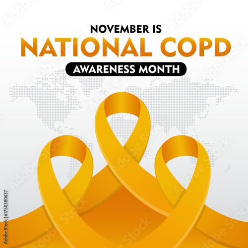 COPD Awareness Month. Observed every year on November. With orange ribbon awareness. Suitable for banner,  poster, social media and background design