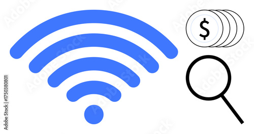 Blue wireless signal, magnifying glass, and dollar stack conceptually represent internet cost, wireless connectivity, financial analysis, online research. Ideal for technology, economy, research